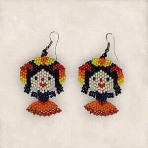 Handmade Otomi Doll Lightweight Beaded Earrings Black Orange Yellow & Cream
